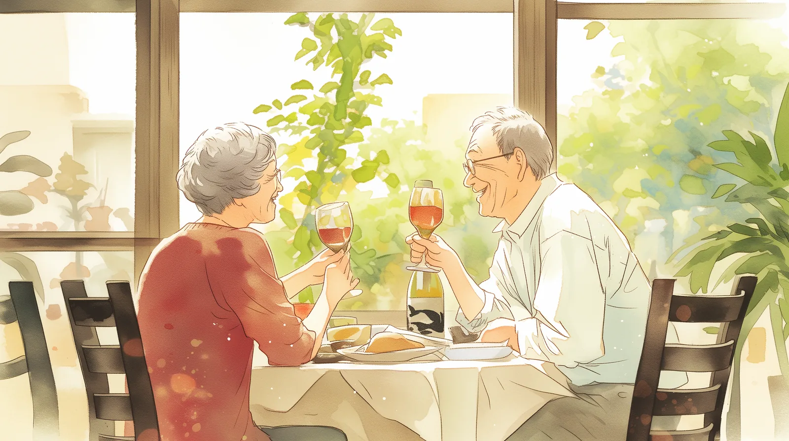 夫婦がワインを片手にゆったり語り合う、大人のリラックスタイム
