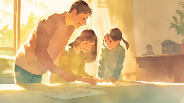 家族で住まいの間取りを考えるイラスト
