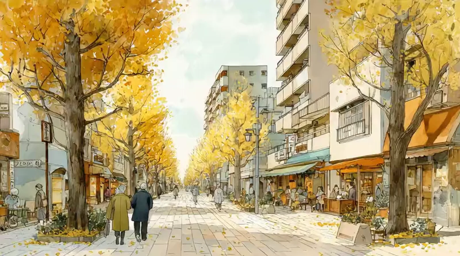 秋の中野の街並みのイメージイラスト