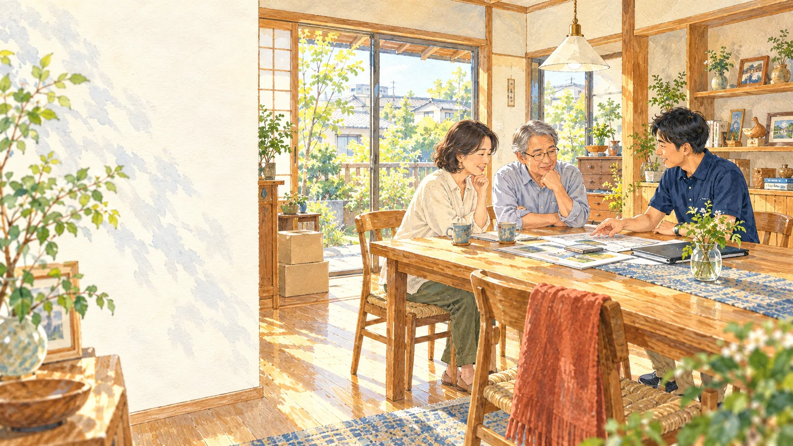 相続した家のダイニングで、ご夫婦と担当者がテーブルの資料を見ながら相談している場面のイラスト（窓際に段ボール箱が残っている）